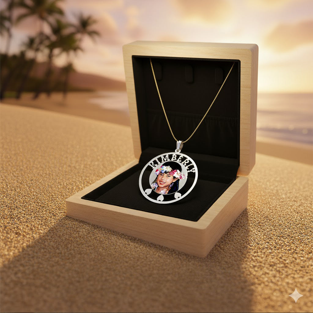 14K Gold Picture Pendant - Round Shape with Heart and Name Cut-Out for Personalized Photo Charm