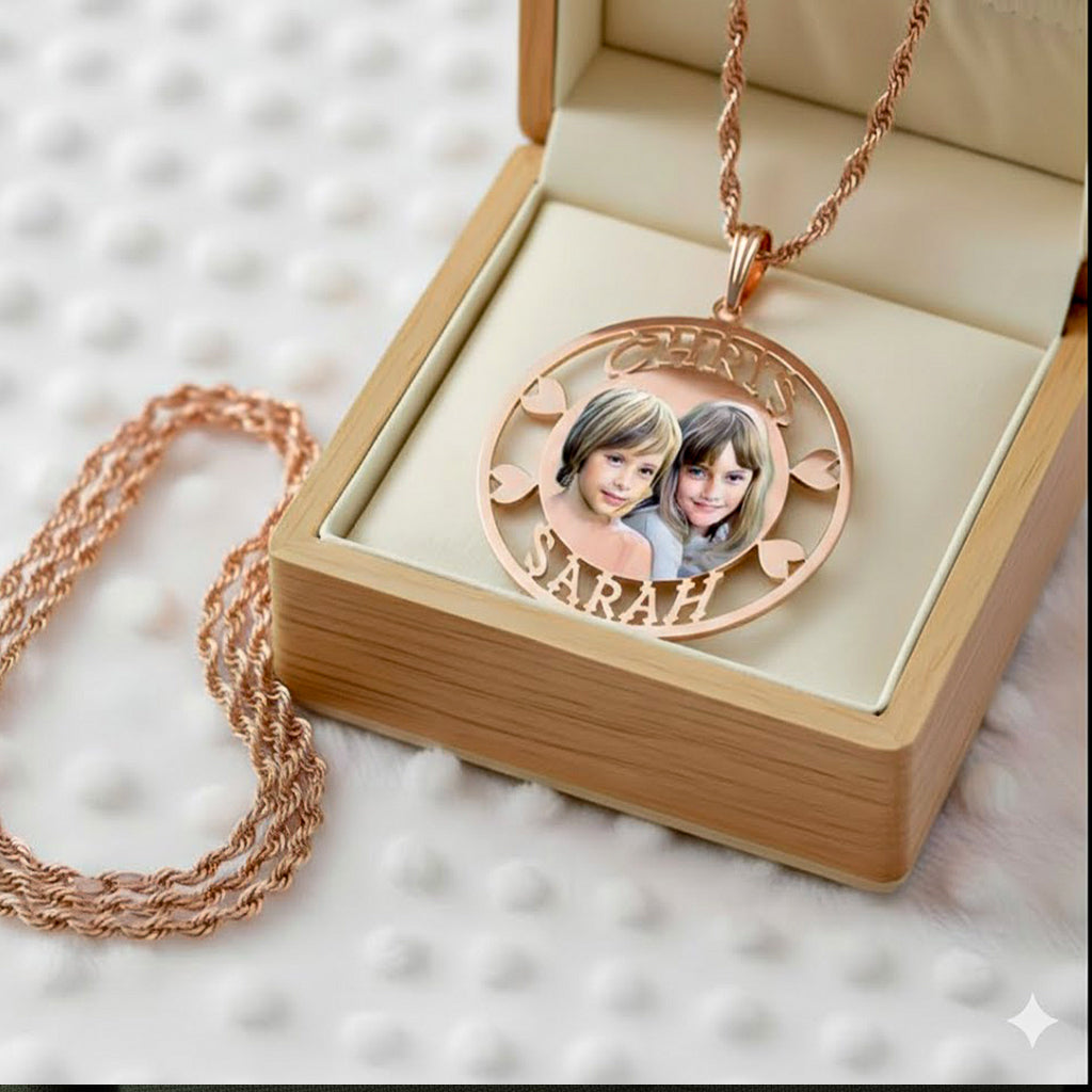 Personalized 14K Gold Picture Pendant - Round Shape with Heart and Name Cut-Outs