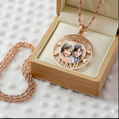 Personalized 14K Gold Picture Pendant - Round Shape with Heart and Name Cut-Outs