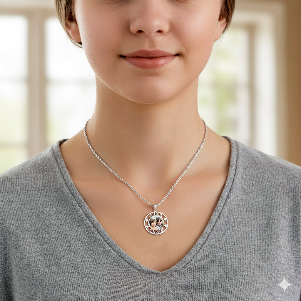 Personalized 14K Gold Picture Pendant - Round Shape with Heart and Name Cut-Outs