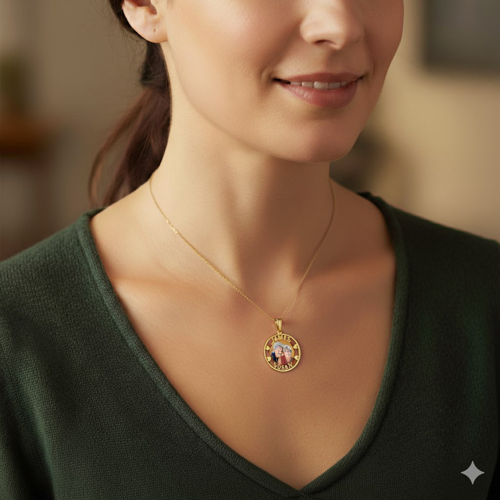 Personalized 14K Gold Picture Pendant - Round Shape with Heart and Name Cut-Outs