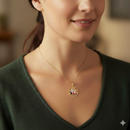 Personalized 14K Gold Picture Pendant - Round Shape with Heart and Name Cut-Outs