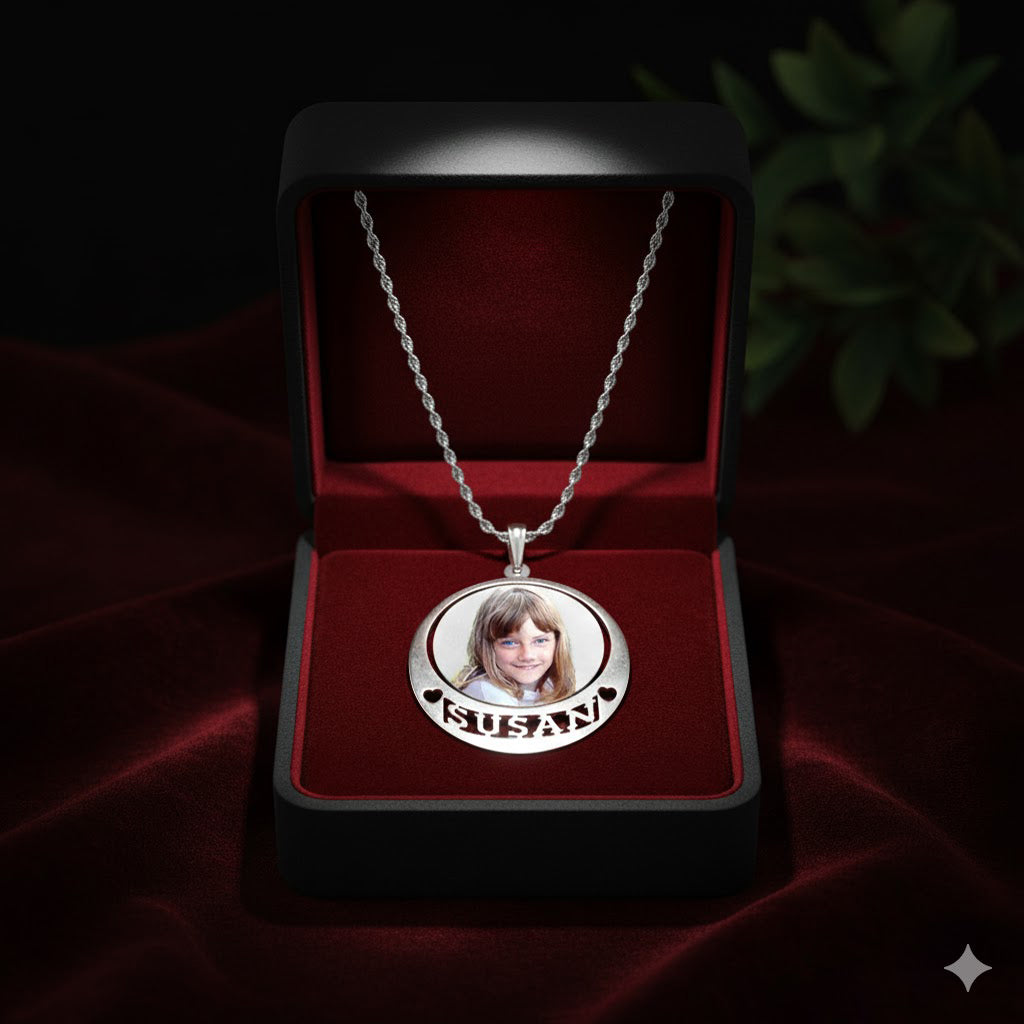 Picture Pendant - Round Shape with Heart Punch-Out and Name Cut-Out for Personalized Photo Charm | Sterling Silver