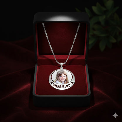 Picture Pendant - Round Shape with Heart Punch-Out and Name Cut-Out for Personalized Photo Charm | Sterling Silver
