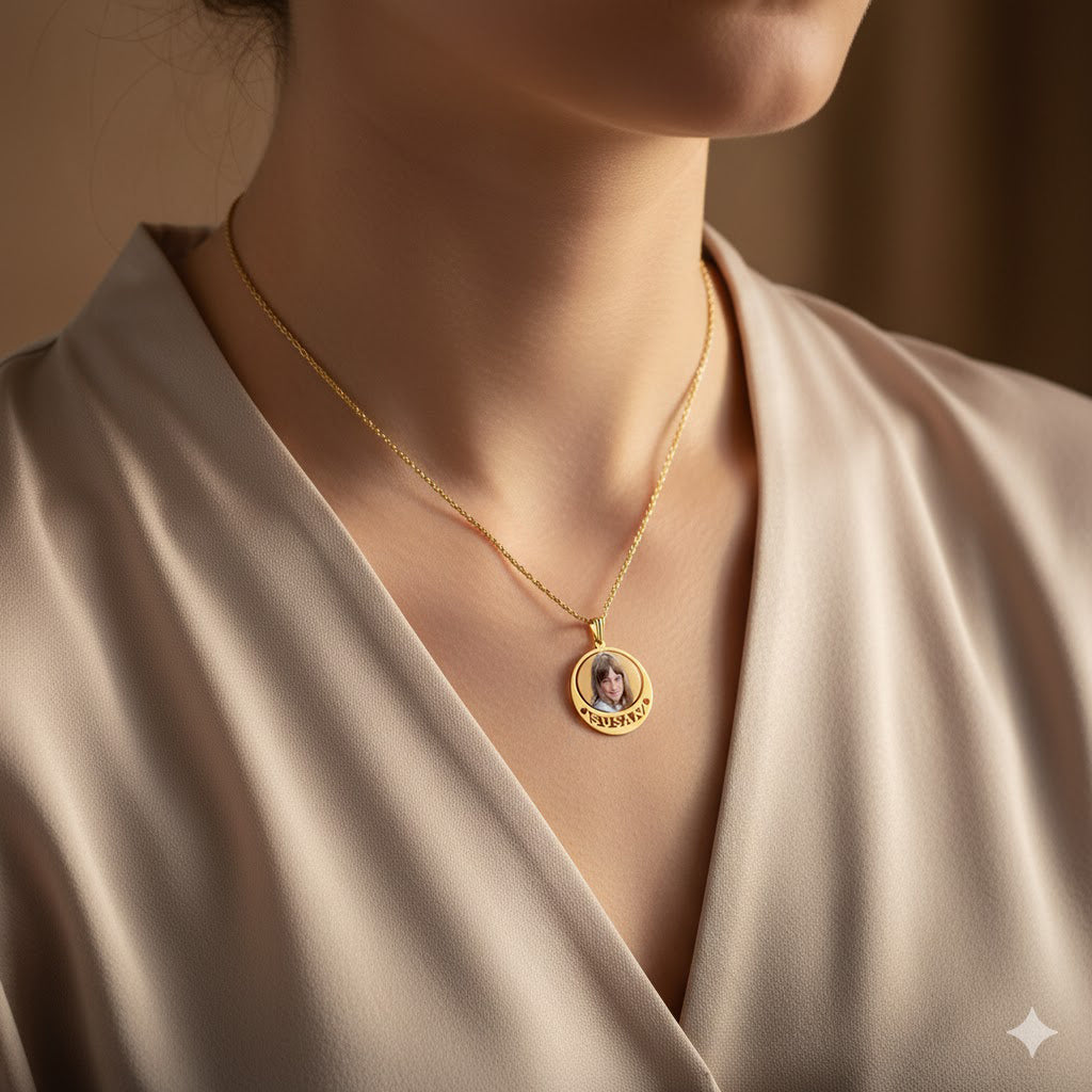 Picture Pendant - Round Shape with Heart Punch-Out and Name Cut-Out for Personalized Photo Charm | Sterling Silver