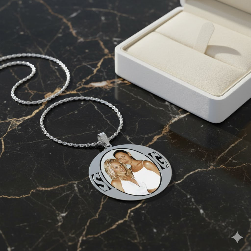 Elegant 14K Gold Picture Pendant Round Pendant with Two Initials Cut-out and Oval Shape Cut-out