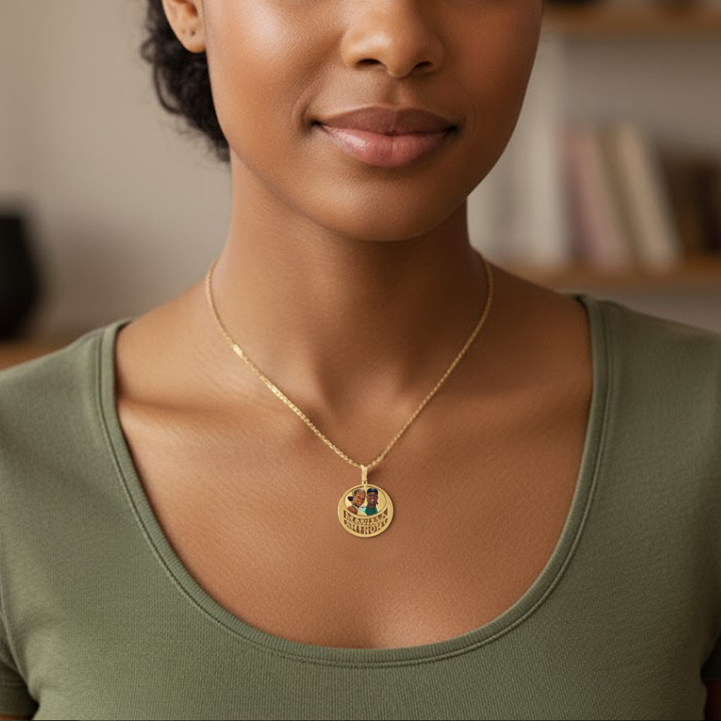 Charming 14K Gold Picture Pendant Round Pendant with Two Names Cut-out and Oval Shape Cut-out