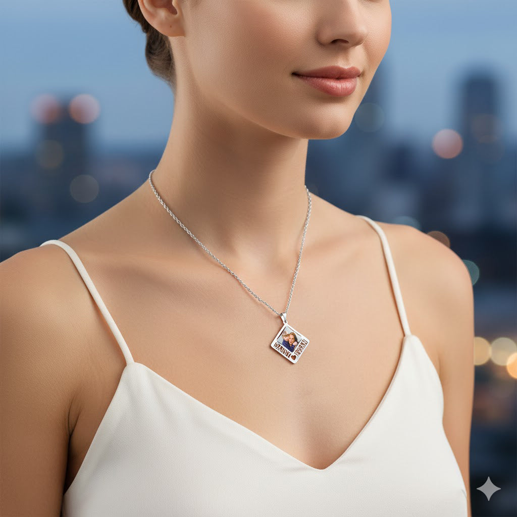 14K Gold Personalized Picture Pendant - Rectangle Shape with Heart Punch-Out and Two Names