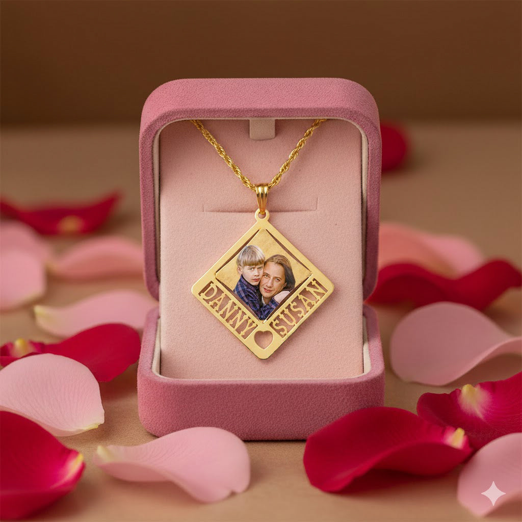 14K Gold Personalized Picture Pendant - Rectangle Shape with Heart Punch-Out and Two Names
