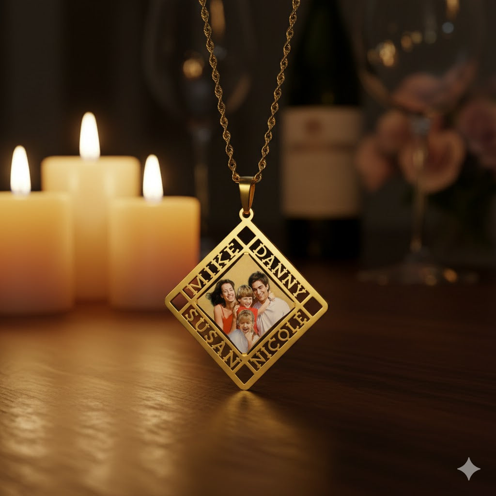 Personalized 14K Gold Picture Pendant with Four Name Cut-Outs - Rectangle Shape