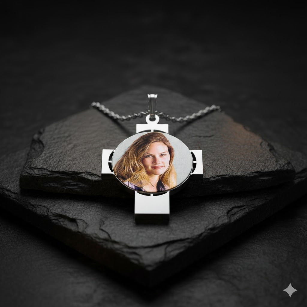 Picture Pendant - Cross with Round Cut-Out Shape for Personalized Photo Charm | Sterling Silver
