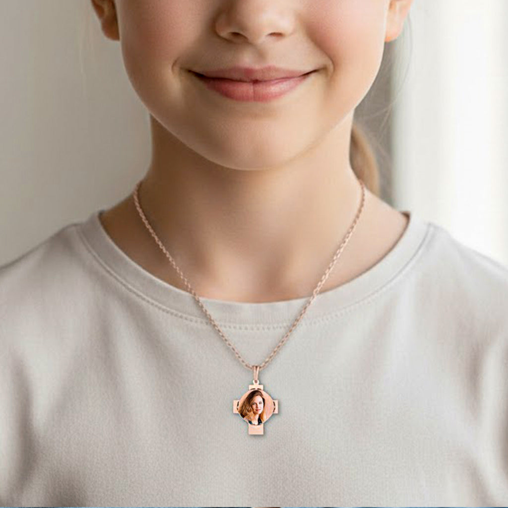 Picture Pendant - Cross with Round Cut-Out Shape for Personalized Photo Charm | Sterling Silver