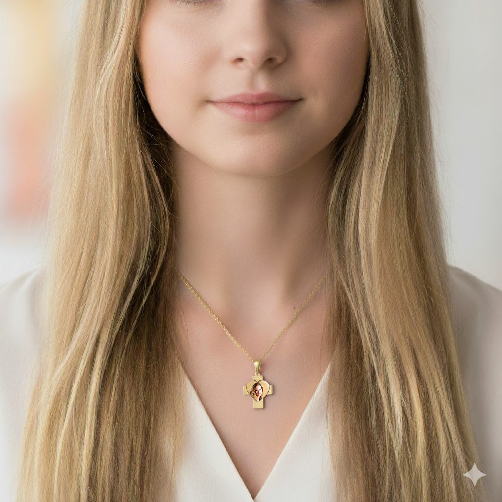 14K Gold Picture Pendant - Cross with Heart Cut-Out Shape for Personalized Photo Charm