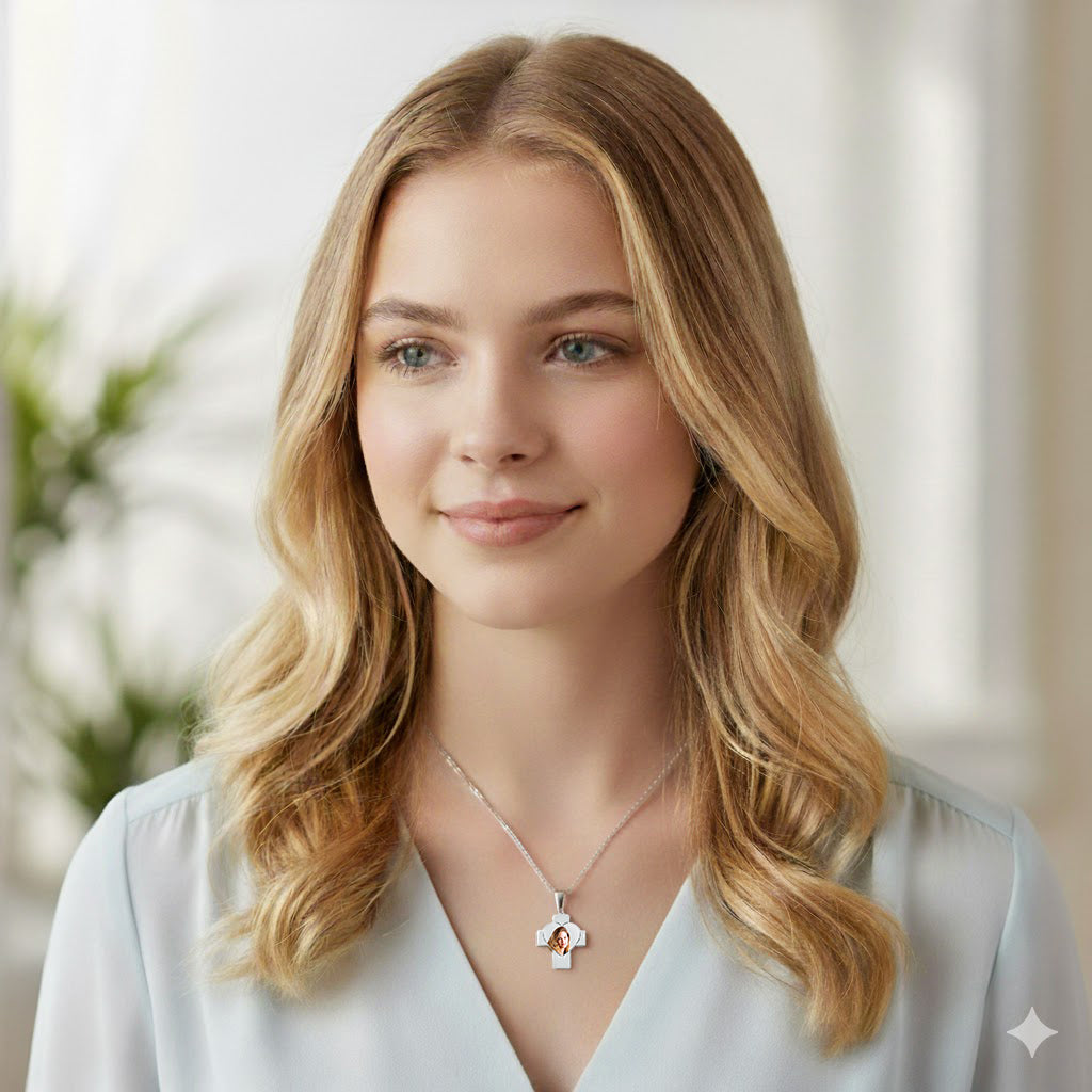 14K Gold Picture Pendant - Cross with Heart Cut-Out Shape for Personalized Photo Charm