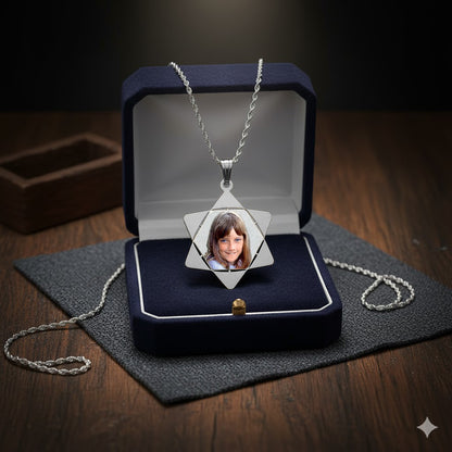 Personalized 14K Gold Picture Pendant - Star of David with Hexagon Cut-Out Shape