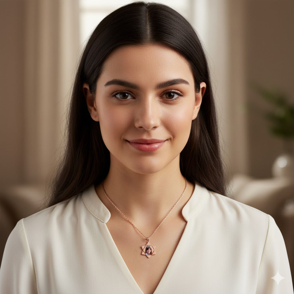 Personalized 14K Gold Picture Pendant - Star of David with Hexagon Cut-Out Shape