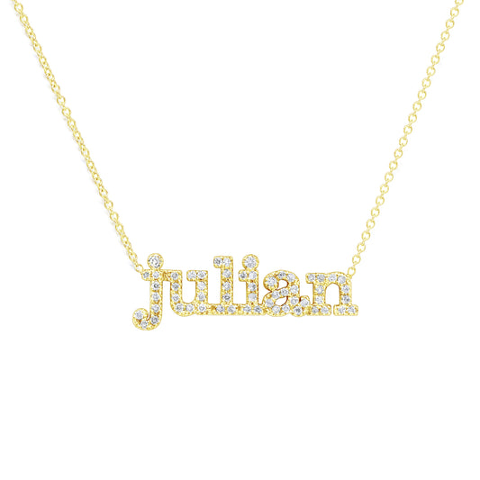 Personalized 14K Gold and Diamond Pave Name Necklace | Block Type