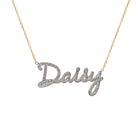 14K Gold and Pave Diamonds Freestyle Script Name Necklace | Small Size