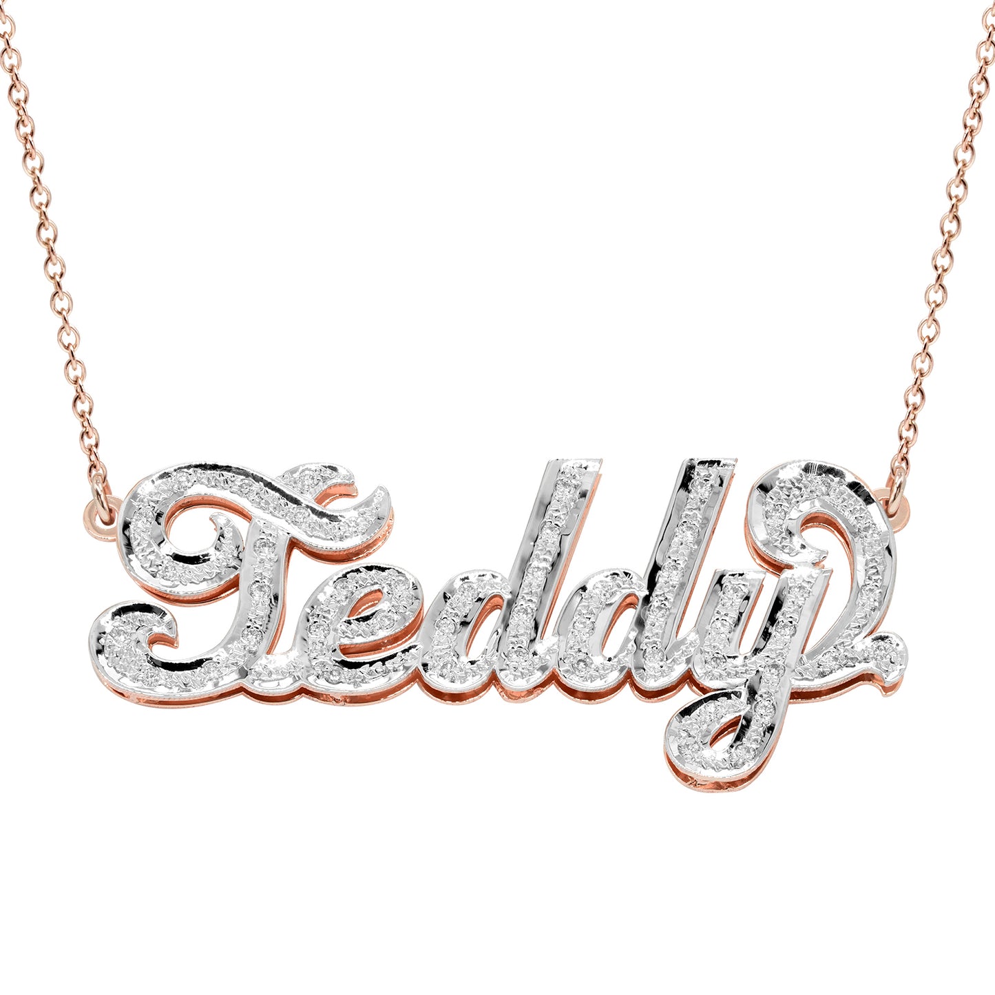 14K Gold Nameplate Necklace with Shadowbox and Full Rhodium Sparkle