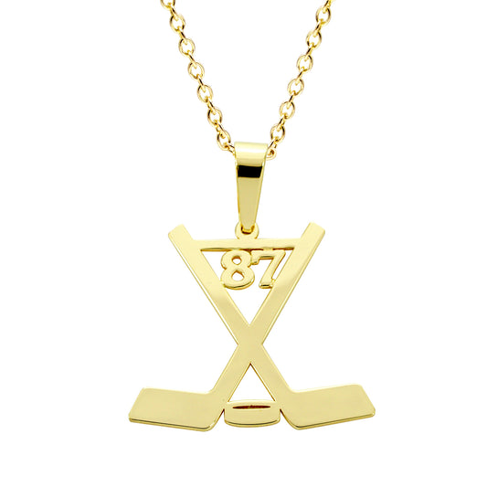 Hockey Sticks and Puck Charm Pendant in 14K Gold | Custom Number