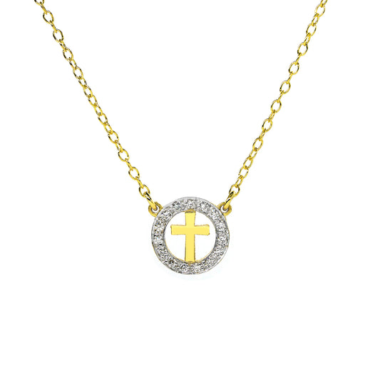 Cross with Diamond Halo Pendant Charm Necklace in 14K Gold