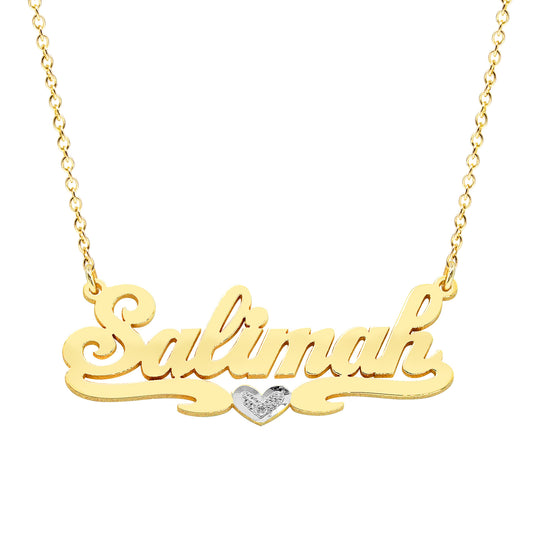 Custom 14K Gold Name Plate Necklace with Diamond on Heart