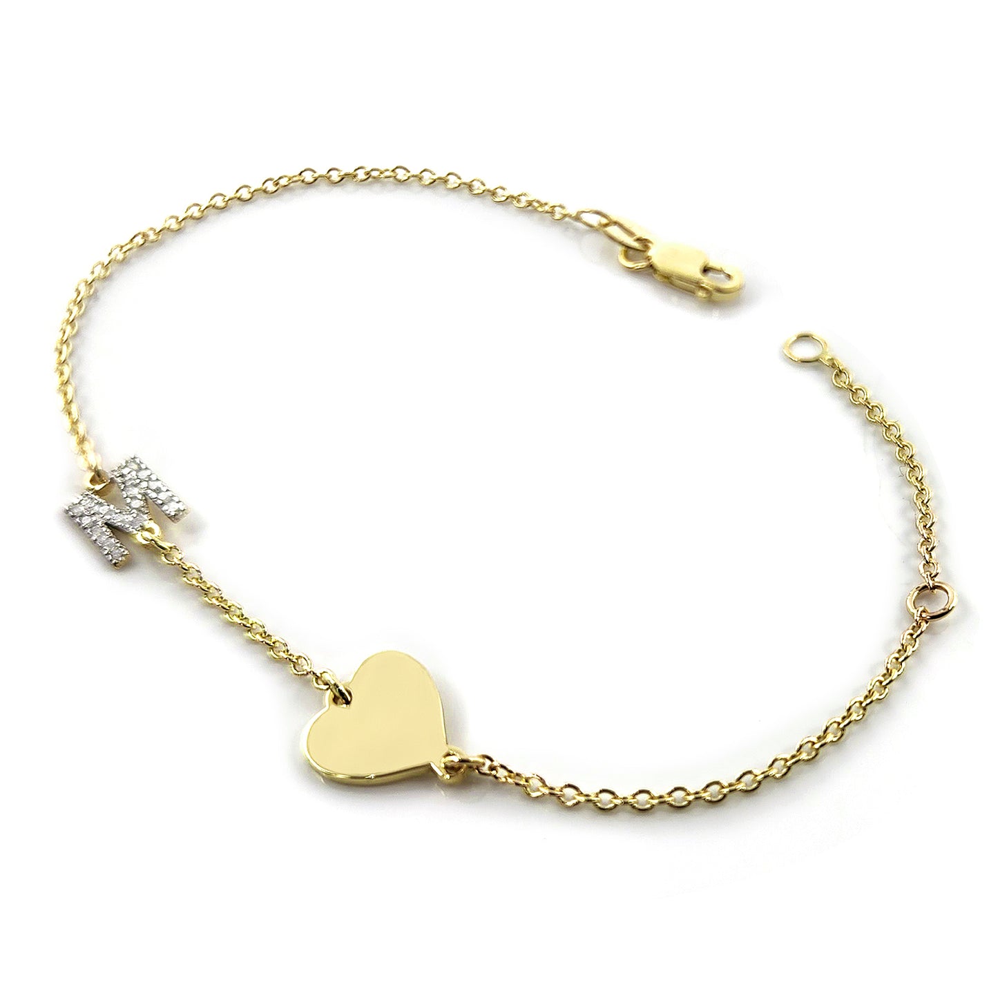 High Polished Heart and Diamond Initial Charm Bracelet in 14K Gold