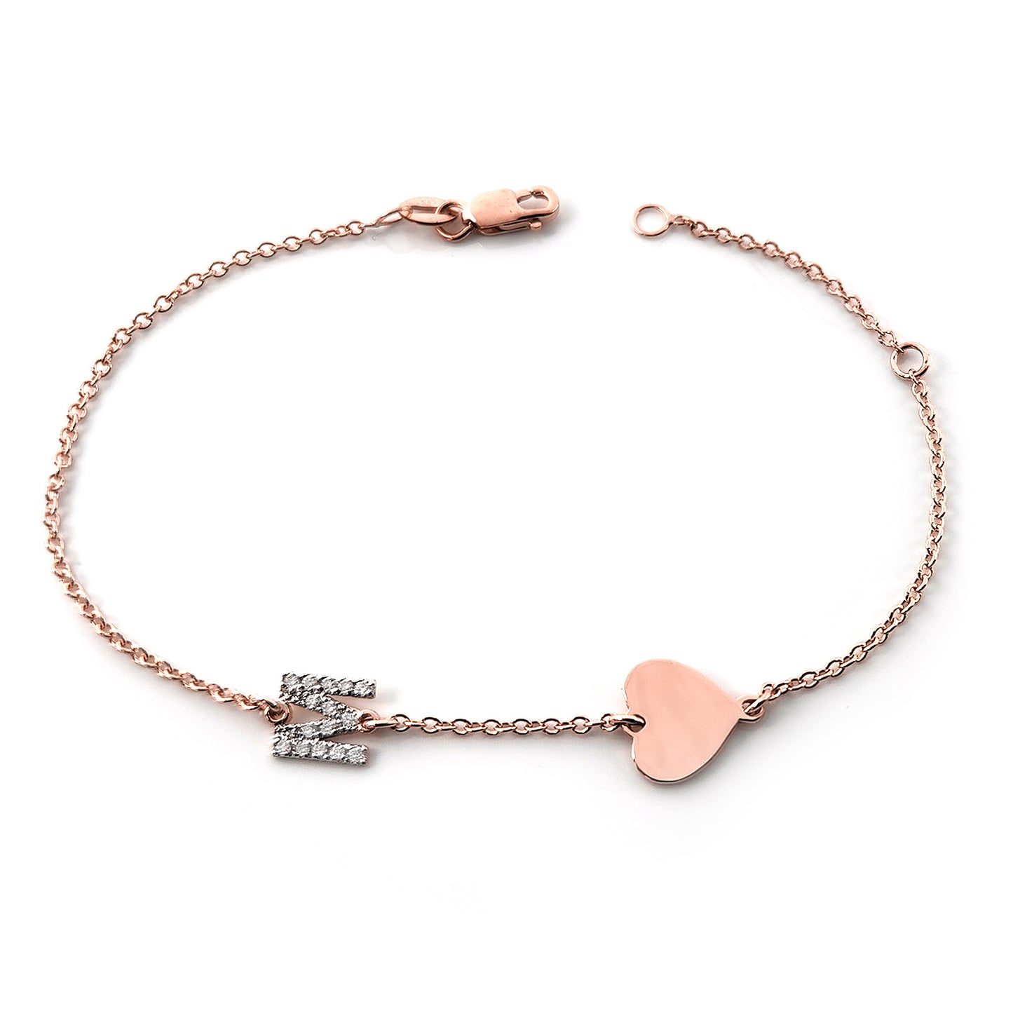 High Polished Heart and Diamond Initial Charm Bracelet in 14K Gold