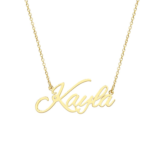 Fancy Script Name Necklace in High Polished 14K Gold
