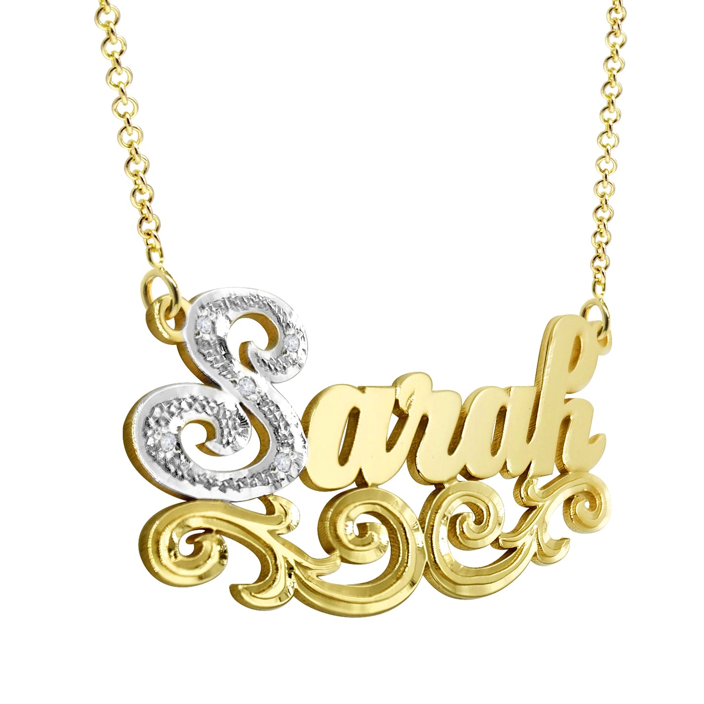 Nameplate Pendant with Diamonds and Fancy Filigree in 14K Gold