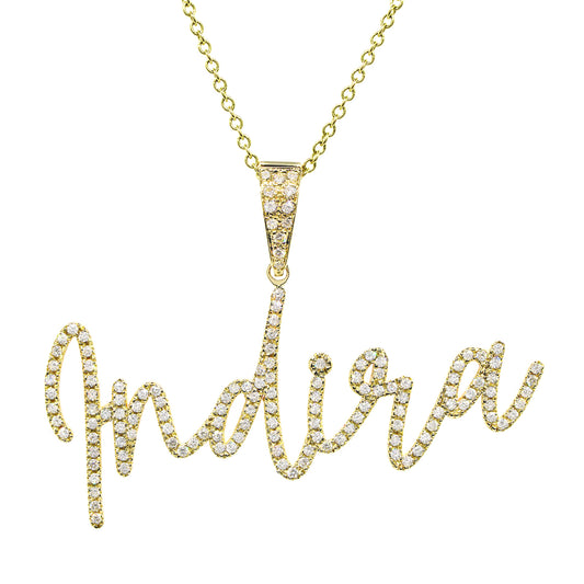 Freestyle Script Name Pendant Charm Covered in Diamonds in 14K Gold