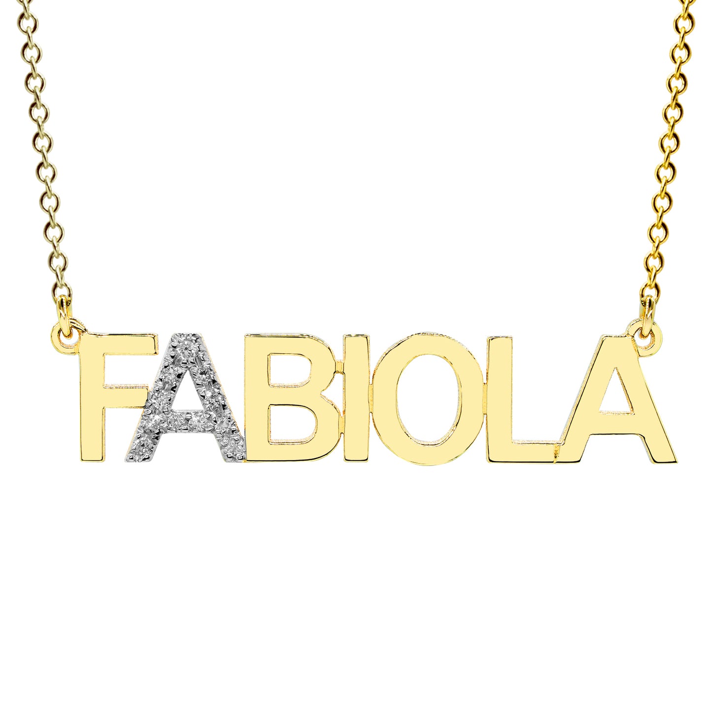 High Polish 14K Gold Name Necklace where 2nd Letter is Covered in Diamonds