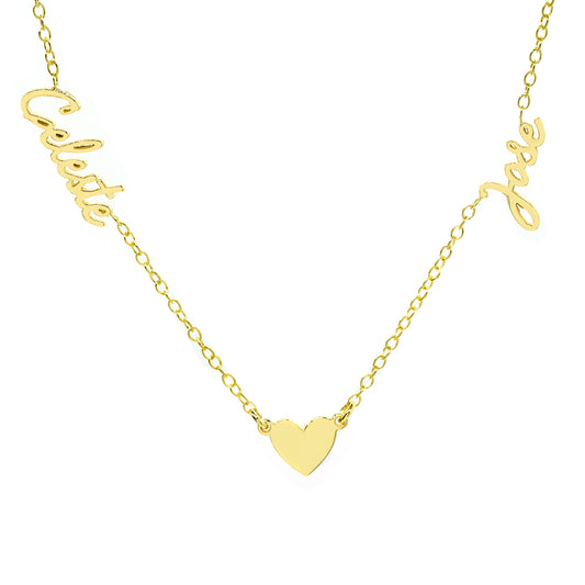 Custom Two Name and Heart Necklace in Freestyle Script and High Polished 14K Gold