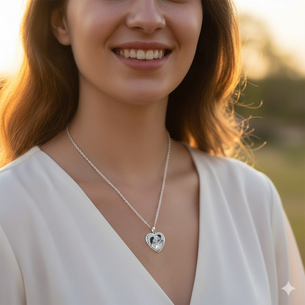 Heart Shape Picture Pendant with Frame - Personalized Cut-Out Charm Necklace | Sterling Silver