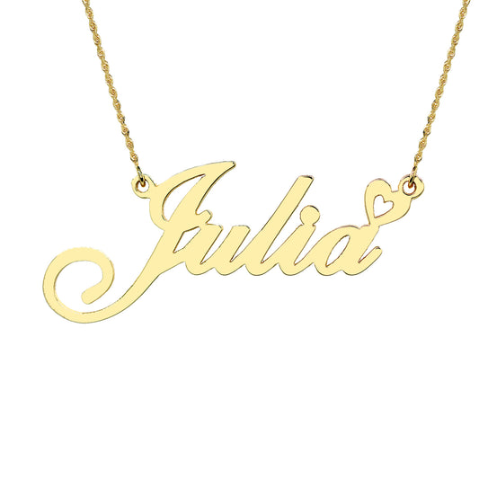 14K Gold Custom Name in Fancy Script and Open Heart Pendant Necklace