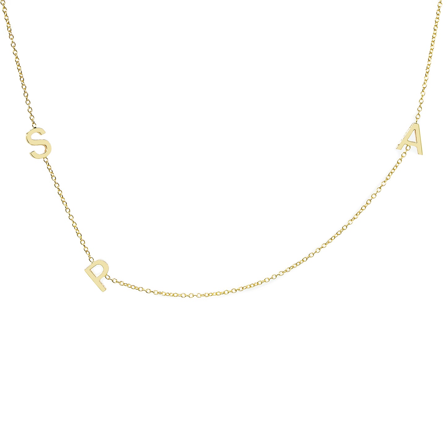 3 Initials Offset Letters Necklace in High Polished 14K Gold