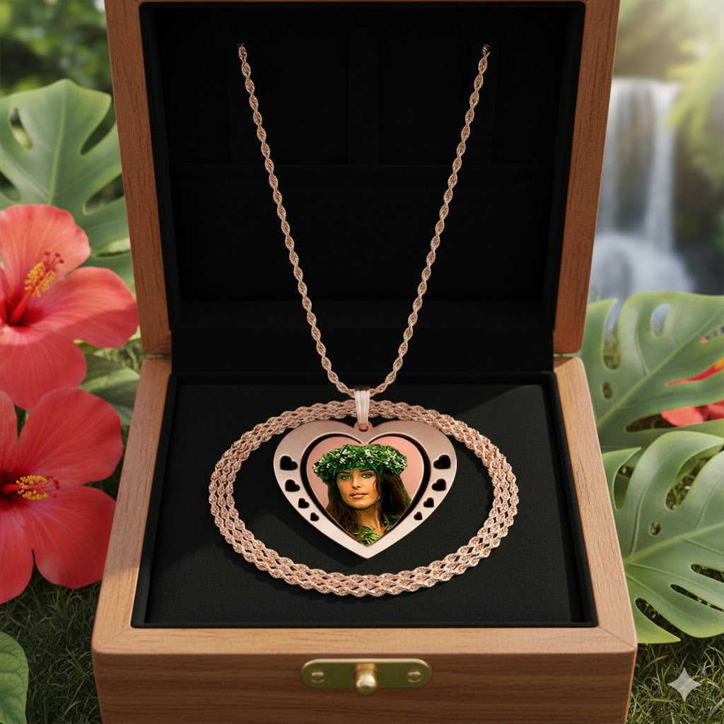 14K Gold Heart Shaped Picture Pendant with Hearts on Each Side