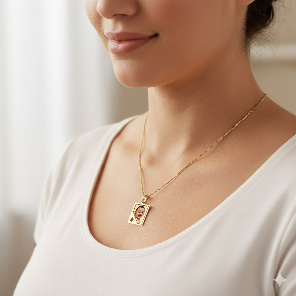 Personalized Picture Pendant - 14K Gold Rectangle Shape with Star of David Punch Out and HD Laser Printed Custom Jewelry with Your Pictures