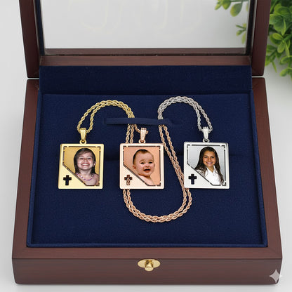 Customizable Picture Pendant - 14K Gold Rectangle Shape with Cross Punch Out for Personalized Photo Charm