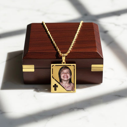 Customizable Picture Pendant - 14K Gold Rectangle Shape with Cross Punch Out for Personalized Photo Charm