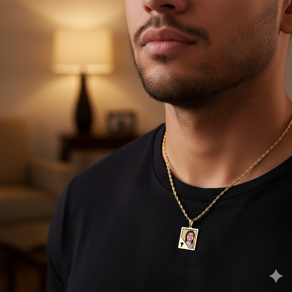 Customizable Picture Pendant - 14K Gold Rectangle Shape with Cross Punch Out for Personalized Photo Charm