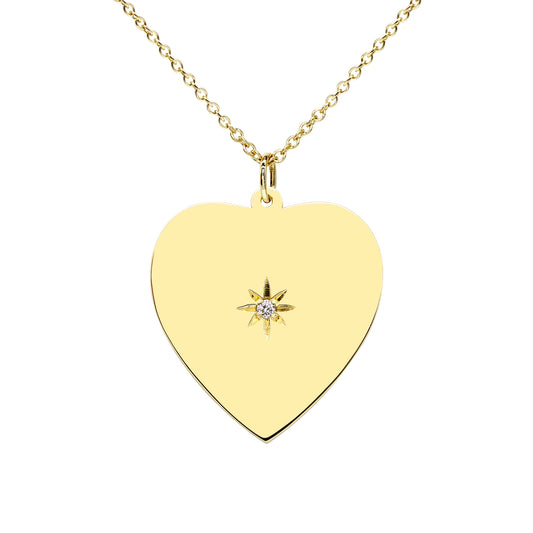 High Polished 14K Gold Heart with Diamond in the Middle | Engravable Back