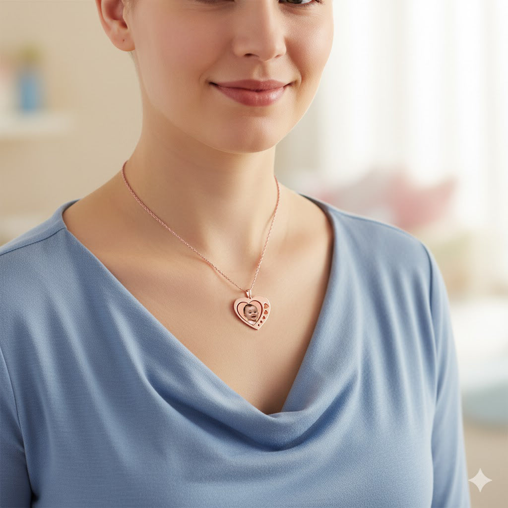 14K Gold Heart Shaped Picture Pendant with Hearts Punch Out - Personalized Photo Charm with HD Laser Printed Custom Jewelry