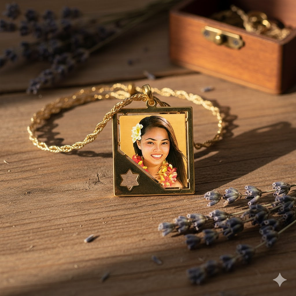 Personalized Picture Pendant - 14K Gold Rectangle Shape with Star of David Punch Out and HD Laser Printed Custom Jewelry with Your Pictures