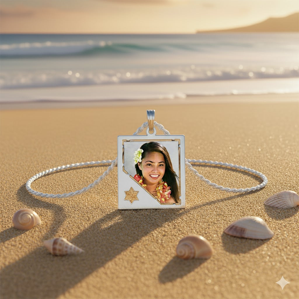 Personalized Picture Pendant - 14K Gold Rectangle Shape with Star of David Punch Out and HD Laser Printed Custom Jewelry with Your Pictures