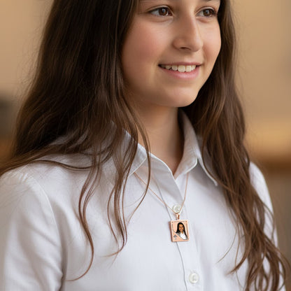 Customizable Picture Pendant - 14K Gold Rectangle Shape with Cross Punch Out for Personalized Photo Charm