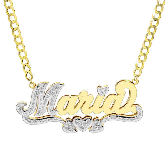 Double Layer Nameplate Pendant with Rhodium Sparkle in 14K Gold and Curb Chain