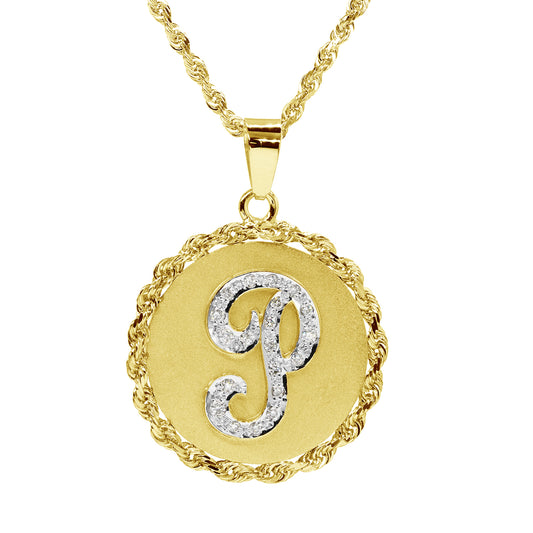 0.50ct Diamonds and High Polished 14K Gold Disc Initial Pendant Charm with Rope Chain Frame