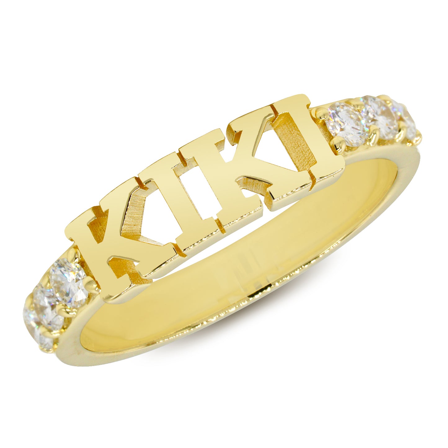 Personalized Name Ring with Block Text in 14K Gold and Genuine Diamonds