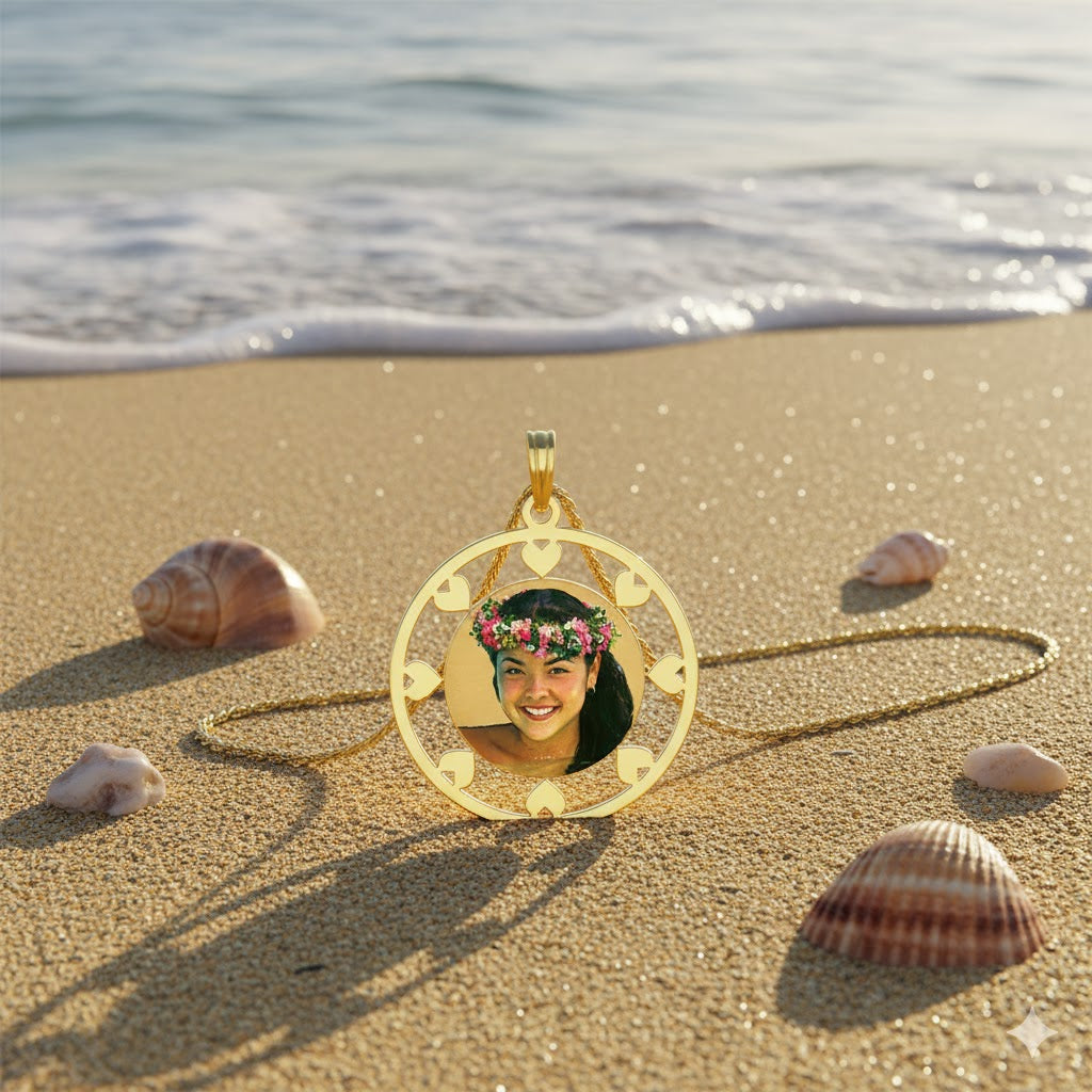 Customizable Picture Pendant - 14K Gold Circle Shape with Hearts Cut Out for Personalized Photo Charm and HD Laser Printed Custom Jewelry